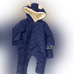 Baby Snowsuit 12-18 Months Blue Hooded Puffer Fleece Lined Winter Bunting